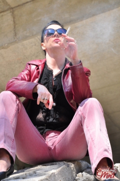 Brunette babe smoking outside the abandon building - N