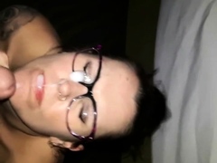Husband fucks girl and cums on her glasses